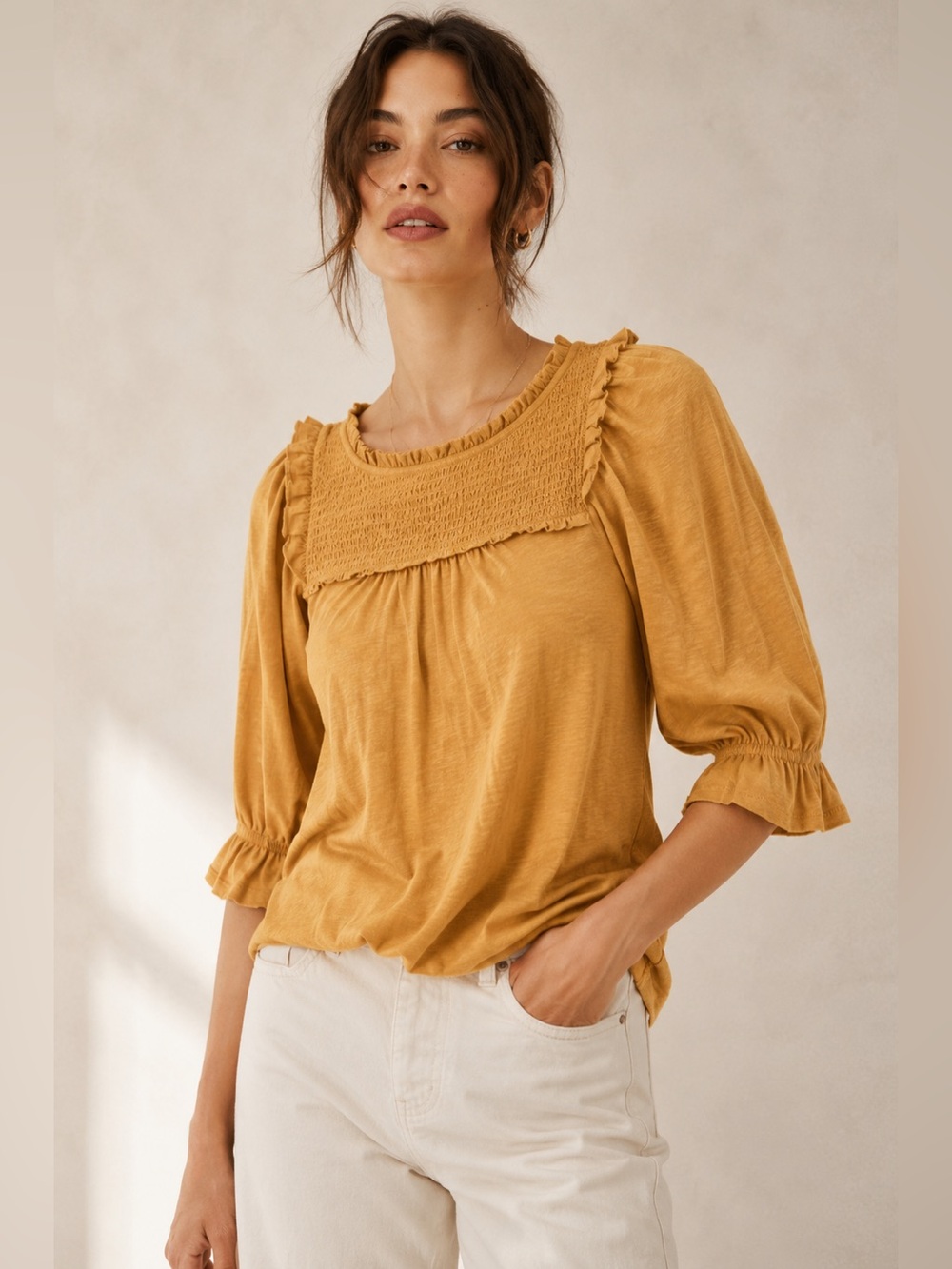 Anthropologie Smocked Puff Sleeve Peasant Knit Ruffle Top XS Goldenrod